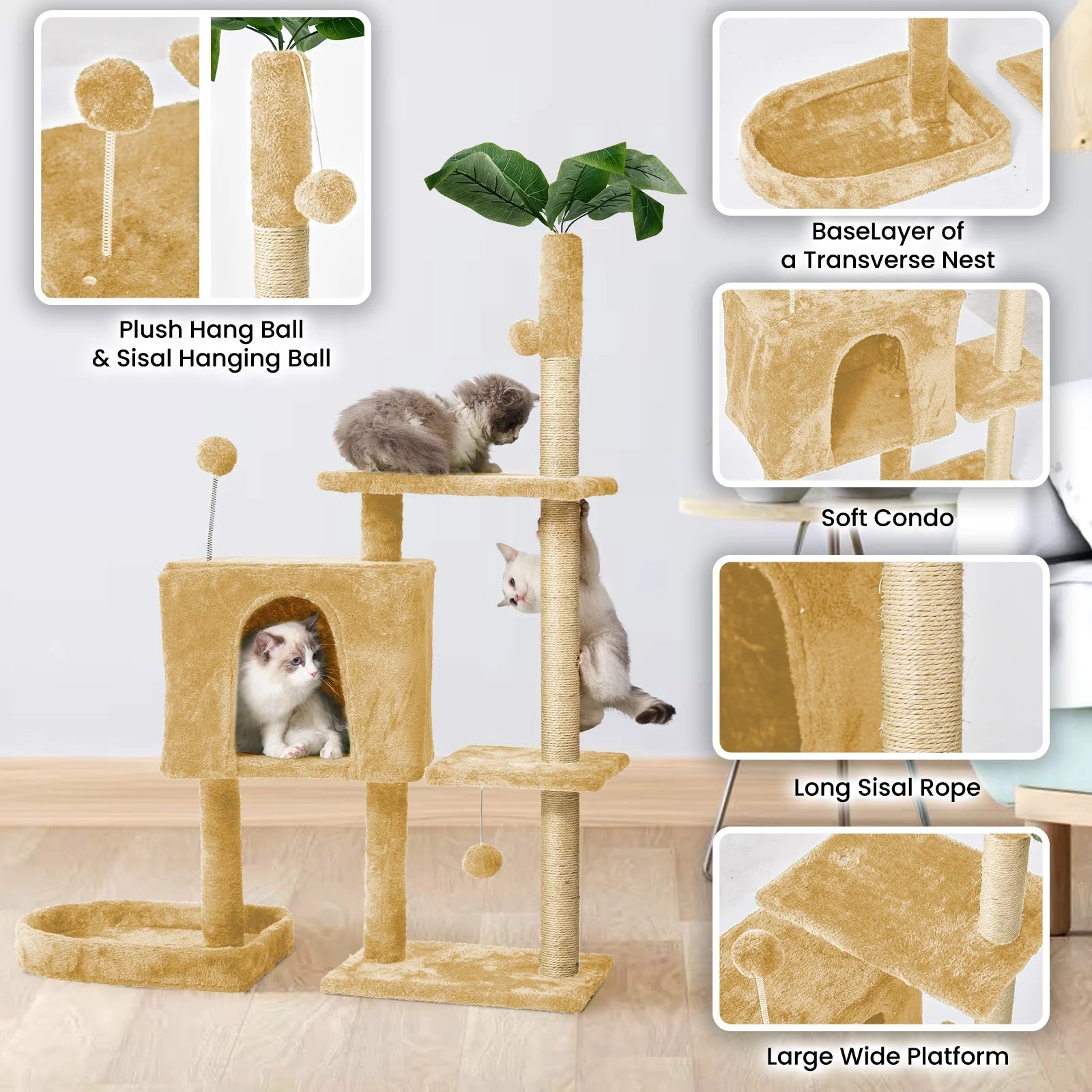 31.5" Cat Tree Cat Tower for Indoor Cats with Green Leaves, Cat Condo Cozy Plush Cat House with Hang Ball and Leaf Shape Design, Cat Furniture Pet House with Cat Scratching Posts, Green