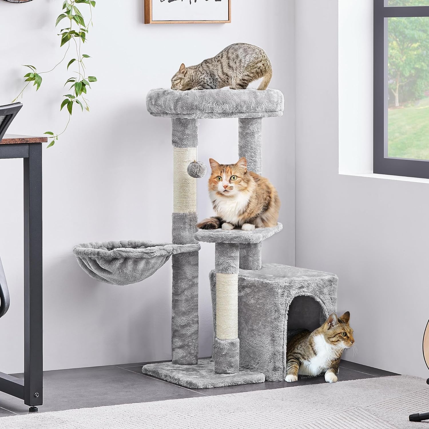 Cat Tree 34In Cat Tower Plush Cover with Condo, Platform & Basket for Indoor Kittens, Cat Furniture Activity Tree