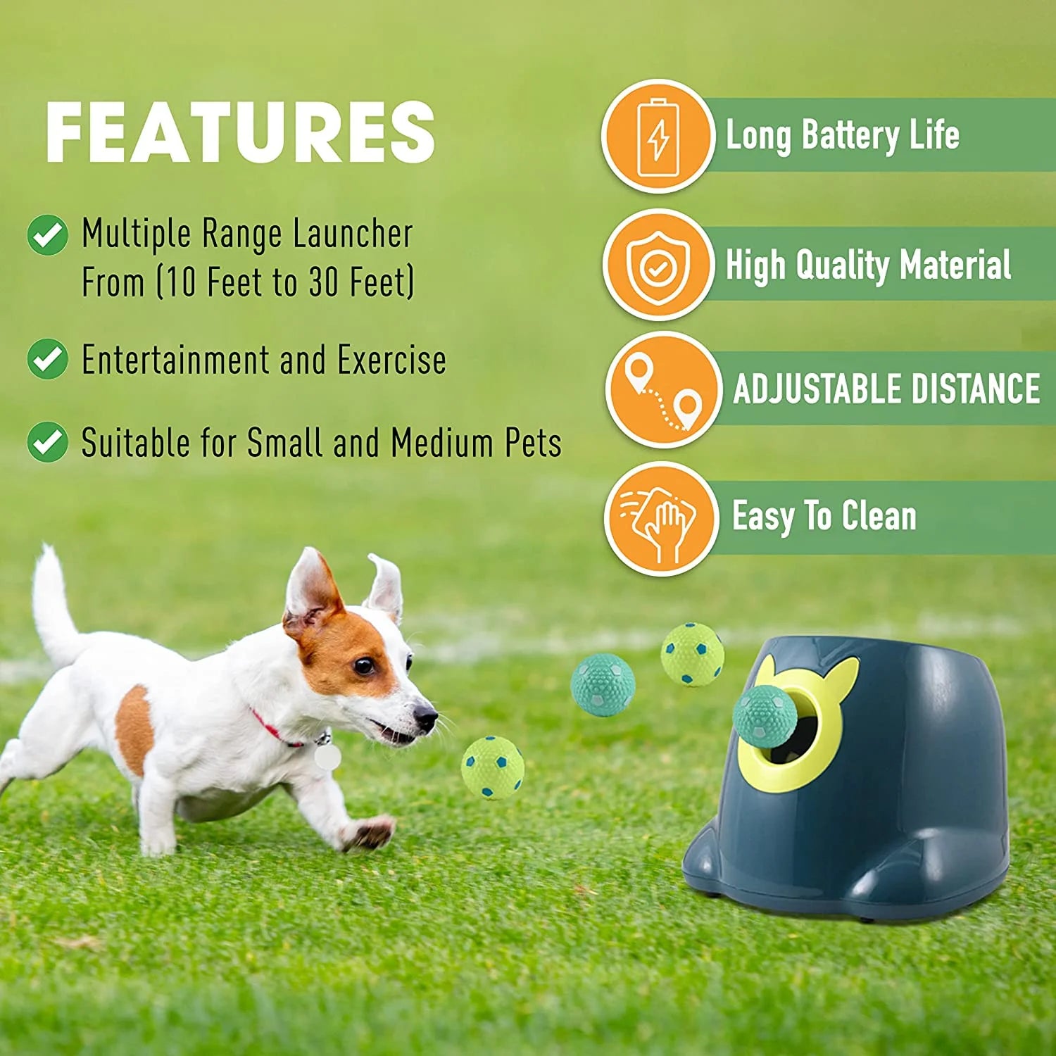 Automatic Dog Ball Launcher - Dog Ball Fetch Machine, Ball Thrower for Dogs, for Small to Medium Sized Dogs, Great Interactive Dog Toy with 6 Latex Balls, Dual Power Supply