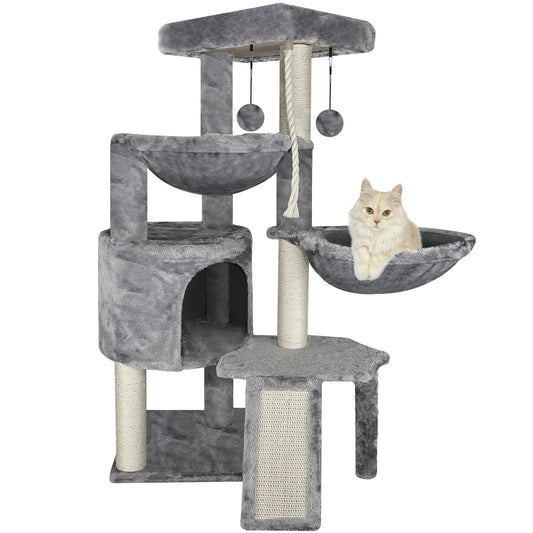 37.4'' Cat Tree Cat Tower with Scratching Posts, Activity Centre Climbing Tree Cat Furniture with Cat Condo and Two Hammocks, Grey